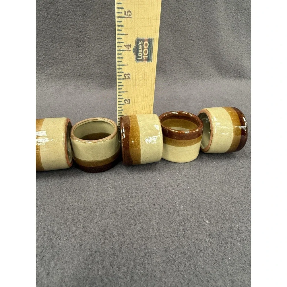 Stoneware Ceramic Striped Napkin Rings Set Of 6 Brown Rustic Table Decor